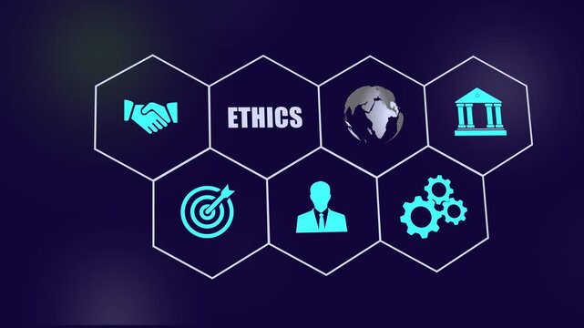 Corporate business ethics and integrity concept featuring animated hexagonal infographic representing global governance, strategic goal achievement, leadership, and systematic operations