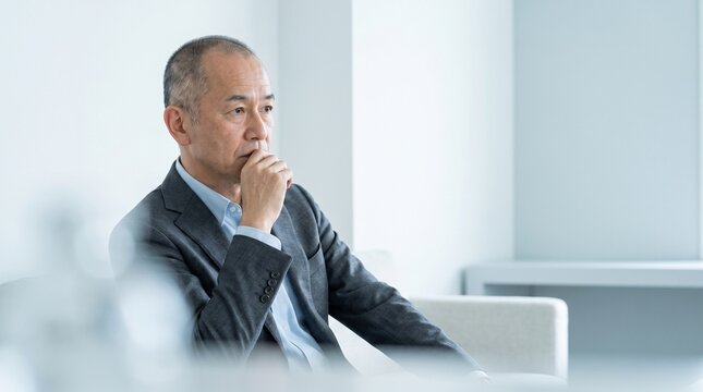 口元に手を添えて次のキャリアを思案する中高年経営者