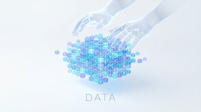 Digital information management and data science concept with futuristic hands interacting with cubes