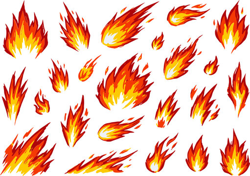 Fire flames and fireball vector set. Includes burning sparks, explosive fiery trails, and hot glowing ignitions. Cartoon design elements for game assets, effects, and dynamic action art.