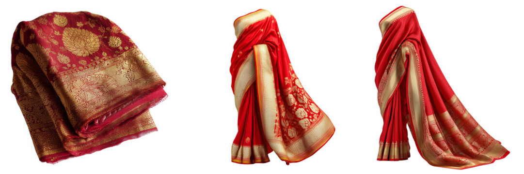 Set of A beautifully displayed vibrant red Banarasi Katan silk saree with intricate gold zari floral motifs and an ornate brocade borde on transparent png background. Ai generated