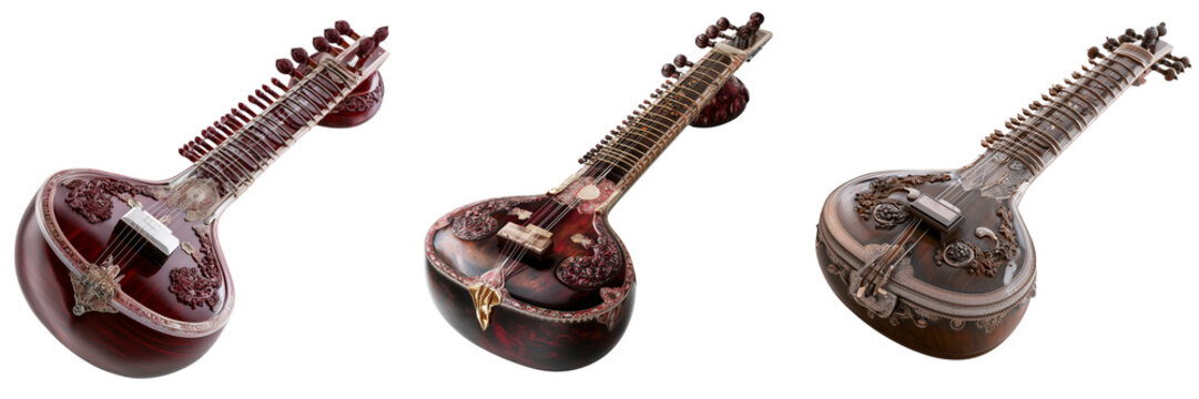 Set of Beautiful traditional sitar lying horizontally on transparent png background. Ai generated