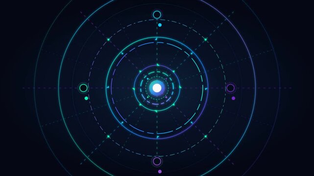 Minimalist HUD target graphic features delicate radial dashed lines and glowing cyan concentric circles.