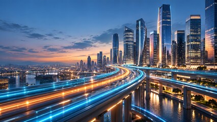 Fototapeta premium Futuristic city skyline featuring a massive highway composed of glowing fiber optic light trails visualizing high-speed urban telecommunications