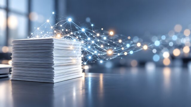 Stack of office papers emitting connected digital network nodes symbolizing intelligent document management and cloud synchronization