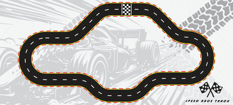 Speed Race Background. Race track in black color with tyre marks and city map on a white background.