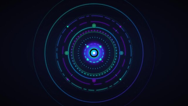 Digital sci-fi HUD radar displays layered glowing rings and dotted circular markers on a dark backdrop.