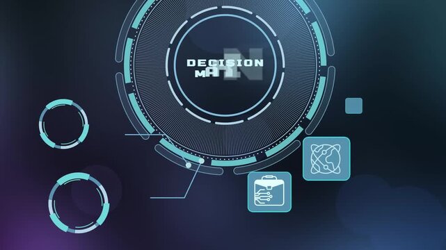 Decision making motion graphic with business icons, analytical interface, strategic choice workflow, and corporate management concept.
