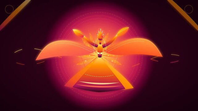 Abstract glowing entity with spread wings radiates vibrant orange and magenta light on a dark background.