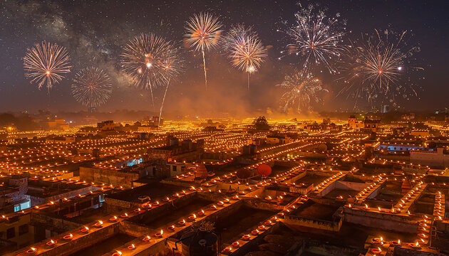 Aerial View of Diwali Celebration with Fireworks and Lamps Generative AI