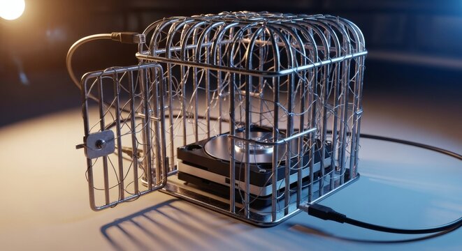 Hard Drive Trapped Inside Metal Birdcage with Tangled Wires Symbolizing Cybersecurity
