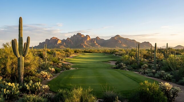 Stunning view of scottsdale arizona golf course at sunrise with dramatic desert mountains and saguaro cacti