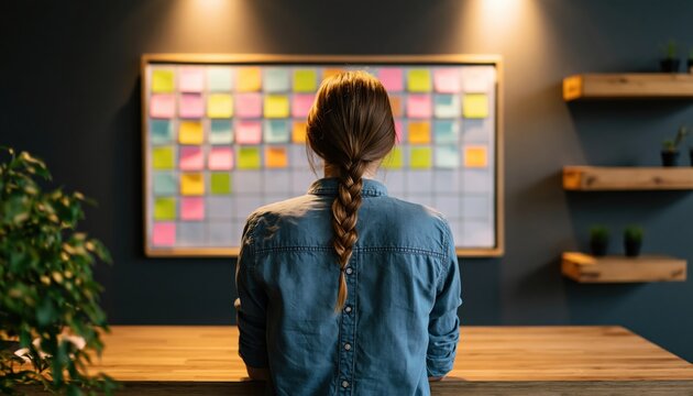 Woman planning creative business tasks on a whiteboard in a modern office space