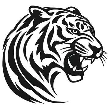 Aggressive tiger head silhouette vector art, roaring wild cat mascot design isolated on white background.