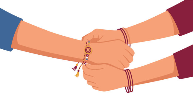 Vector illustration of a sister's hands tying a traditional rakhi thread on her brother's wrist for Raksha Bandhan festival, featuring colorful bangles and decorative details.
