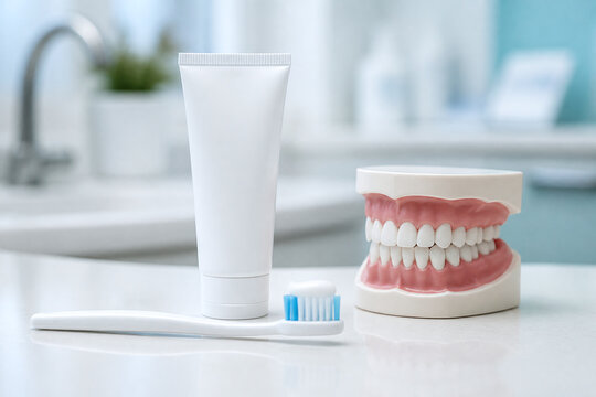 Layered Focus of Fluoride Toothpaste and Cavity Prevention Supplies in a Bright Modern Dental Clinic