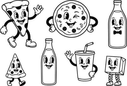 Funny Food Doodle Characters Collection with Pizza Cookie and Beverage