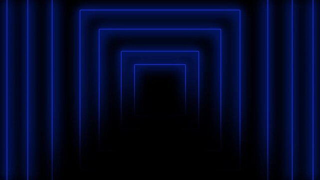 Infinite blue neon square tunnel receding into darkness with a sense of deep perspective and futuristic digital abstraction creating a vibrant and hypnotic visual experience technology and motion