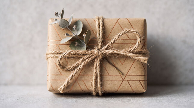 Gift box wrapped in brown craft paper with twine bow and eucalyptus branch decoration.