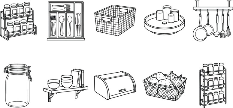 Kitchen Organization and Countertop Storage Icon Set with Spice Rack Cutlery Tray Wire Basket Hanging Pot Rack Mason Jar Shelf Bread Box Vector Illustration
