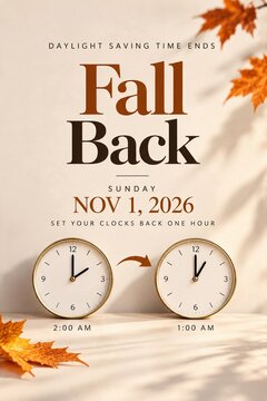 Minimalist vertical poster reminder USA Daylight Saving Time ends. Fall back one hour on Sunday, November 1, 2026. Analog clocks changing time backwards from 2 AM to 1 AM with autumn leaves shadow