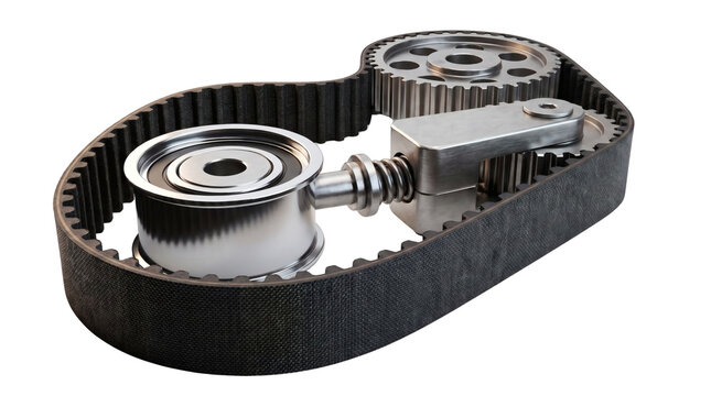 Automotive engine timing belt with metal tensioner pulley and gear.