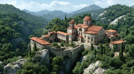 Fototapeta premium Monastery in Mountains: A serene monastery with terracotta roofs nestled on a verdant mountainside, surrounded by lush trees and dramatic rock formations.