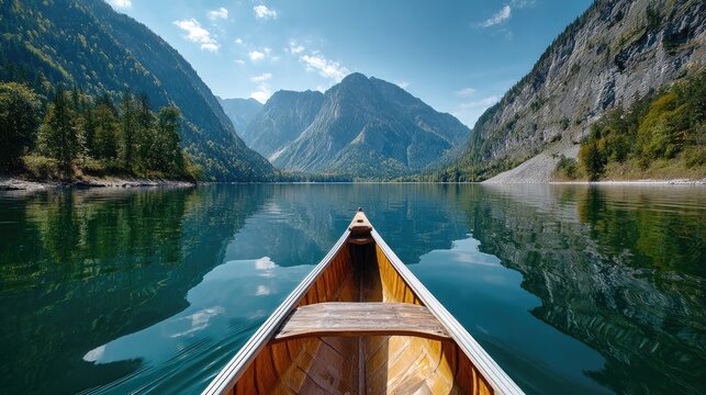 Canoe Serenity on a Pristine Mountain Lake: Glide through tranquil, mirror-like waters in a wooden canoe, surrounded by majestic, towering mountains and lush, verdant forests, under a clear blue sky.