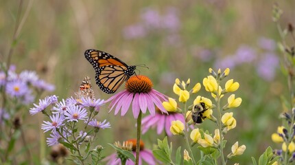 Fototapeta premium A monarch butterfly perched on a purple coneflower, surrounded by wildflowers and a busy bumblebee. 