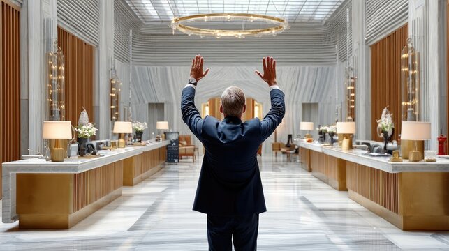 Grand Entrance: A man in a formal suit stands with arms raised in a lavish, modern hotel lobby, symbolizing arrival and a grand welcome.