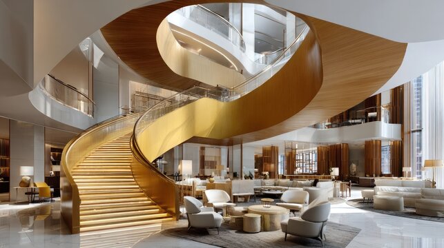 Modern Hotel Lobby: An elegant and luxurious hotel lobby featuring a grand, curved staircase made of wood and gold accents, complemented by contemporary seating areas.
