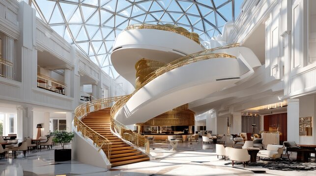 Grand Atrium with Spiral Staircase: A breathtaking view of a luxurious hotel lobby featuring a stunning spiral staircase, modern architecture, and ample natural light from the glass dome ceiling.