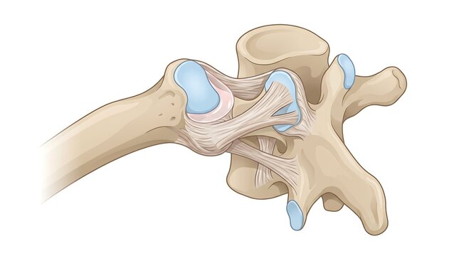 Detailed anatomical illustration of human spinal vertebrae and connecting ligaments