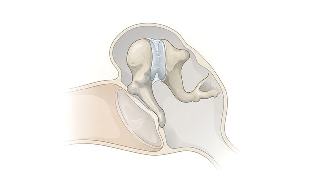 Anatomical illustration of human inner ear auditory ossicles showing incus and malleus bone structure