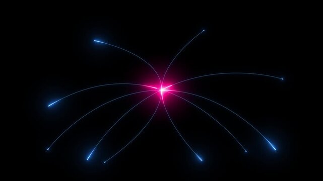 Abstract radial pattern of thin glowing blue and pink neon lines emanating from a central point against a stark black background, suggesting energy, connection, or a cosmic event