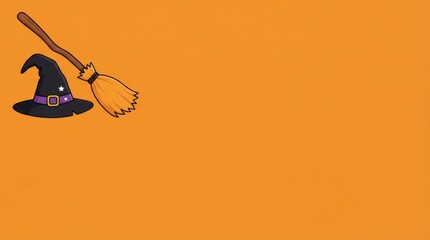 Fototapeta premium Vector Illustration Witch Hat Broom Top Left Corner Flat Orange Background Free Space Right