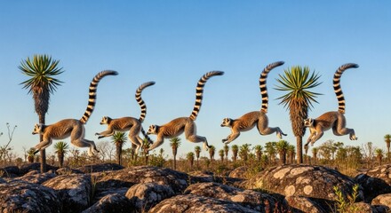 Fototapeta premium Ring Tailed Lemurs Jumping Across Rocky Terrain in Madagascar