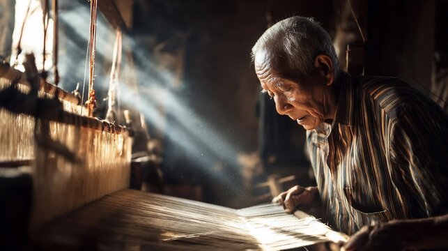Elderly Asian man skillfully operating a traditional wooden loom in a dimly lit workshop