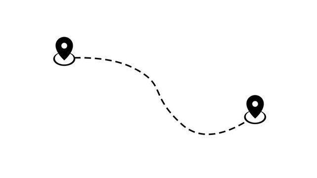 Black Airplane Flying Along a Dashed Line Path Between Two Location Pin Markers on a White Background