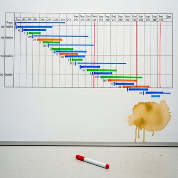 Gantt chart whiteboard with colored magnetic bars disrupted by spilled coffee and a red marker for project planning