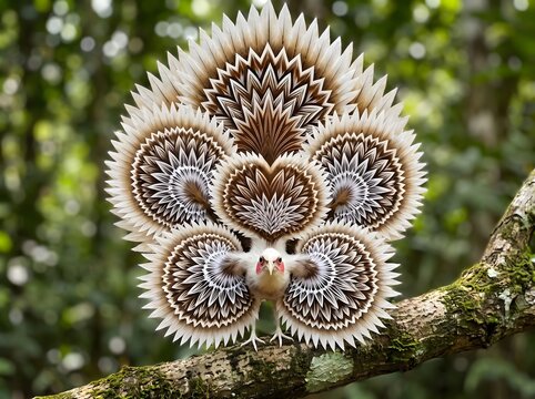 Cream and Brown Ornate Bird with Geometric Mandala Feather Patterns &mdash; Exotic Decorative Creature in Tropical Forest