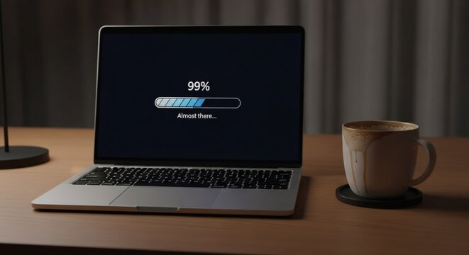 Laptop Showing 99 Percent Loading Progress Beside Coffee Mug on a Wooden Desk