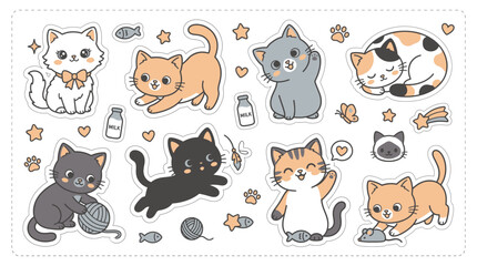 Obraz premium Set of cute cartoon cats, kittens, and accessories like milk bottles, yarn balls, and fish