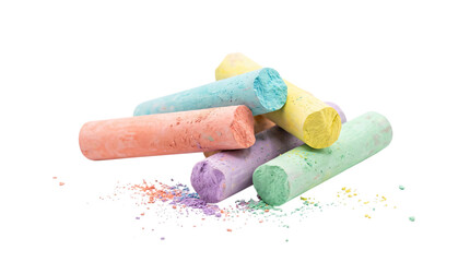 Obraz premium Colorful chalk sticks piled on white surface. Pastel drawing pastel crayons with chalk dust