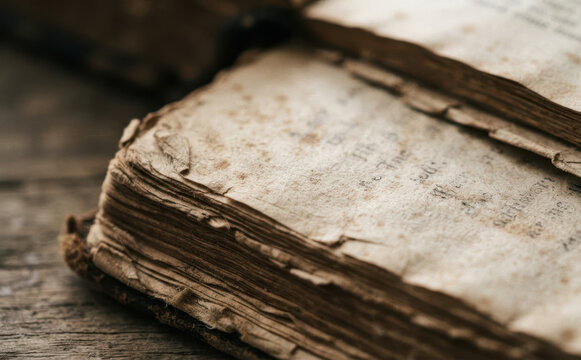 Ancient weathered manuscript pages closeup showing aged parchment paper and vintage book binding for historical storytelling and literature design projects