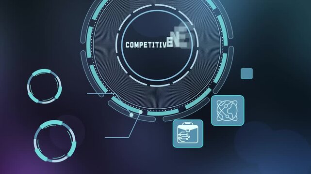 Business competitiveness motion graphic with market icons, performance interface, positioning strategy, and corporate growth concept.
