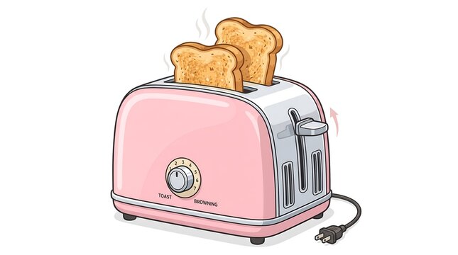 Cute Retro Pink Toaster with Crispy Toasted Bread Slices Isolated on White Background