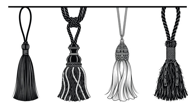 Set of decorative tassels for curtains or furniture, vintage style rope tiebacks with ornate caps and fringe, vector illustration