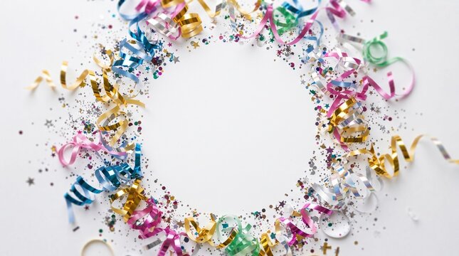 colorful party streamers and glitter confetti circular frame background with copy space