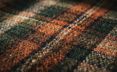 Fototapeta premium Macro closeup of textured tartan plaid woolen fabric with autumn colors for clothing and apparel design background